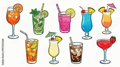 Vibrant collection of refreshing summer cocktails and tropical drinks with garnishes on a white background, perfect for party or bar advertising