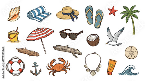 Summer beach vacation essentials collection with tropical elements and ocean symbols for travel and leisure