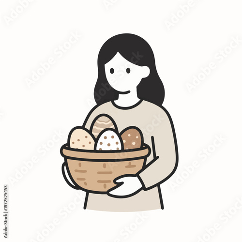 Simplified cartoon woman holding basket of decorated paschal eggs with various textures and earth tones colors for spring seasonal concepts and holiday marketing materials in minimalist vector style.