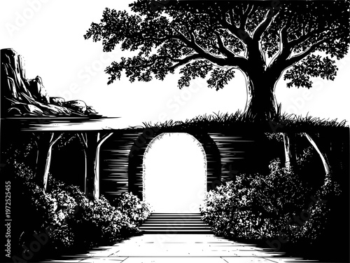 Garden path leading to an arched gateway under a large oak tree archway stone