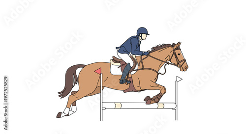 A professional equestrian rider wearing a navy blue jacket and helmet skillfully guides a chestnut horse over a striped hurdle during a jumping competition.