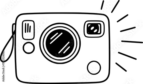 Simple black and white line of a vintage camera with a flash retro