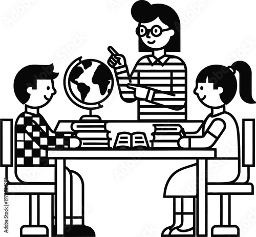 teacher explaining globe to students