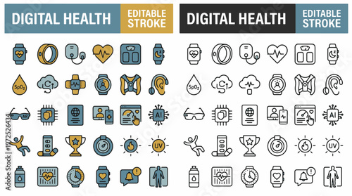 Modern flat design vector illustration of digital health icons including heart rate pills and stethoscope arranged on a clean minimalistic background with soft colors
