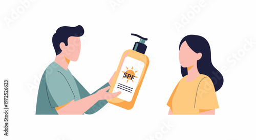 Man showing sunscreen bottle to woman.