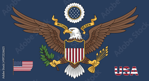 Great Seal of the United States with bald eagle, shield, olive branch, arrows, and American flag on a blue background.