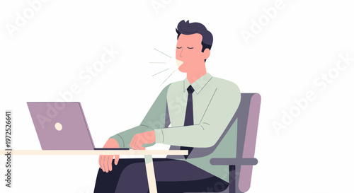 Man Sneezing Working on Laptop at Desk.
