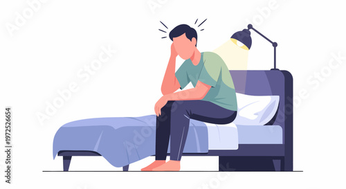 Man Suffering From Headache and Insomnia in Bed.