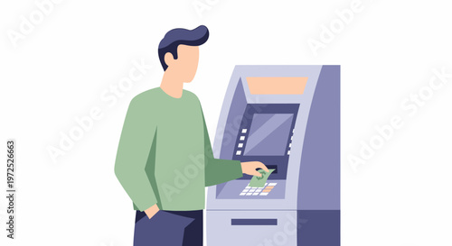 Man Using ATM Machine for Cash Withdrawal Transaction.