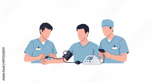 Medical professionals checking patient blood pressure with sphygmomanometer.