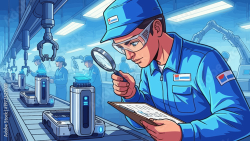 Factory Worker Inspecting Equipment with Magnifying Glass