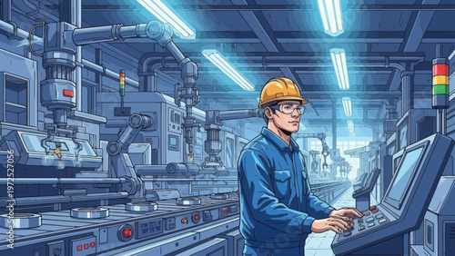 Factory Worker Overseeing Automated Production Line