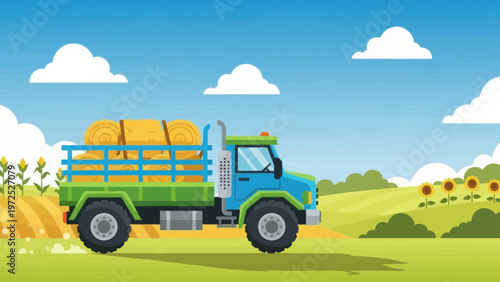 Farm truck hauling hay bales in a rural landscape