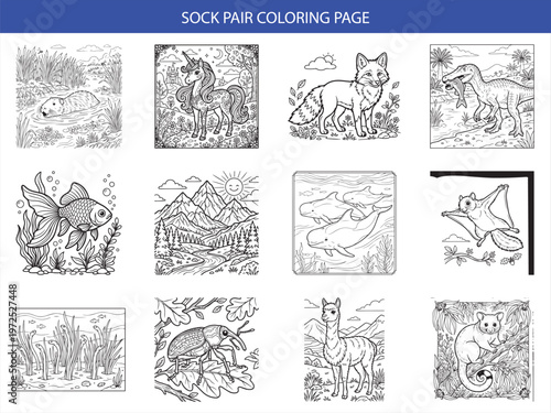 Animal and fantasy creature coloring pages featuring unicorn fox fish and flying squirrel for children creative projects