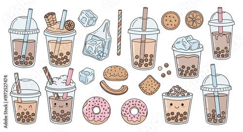 Collection of bubble tea and sweet treats.