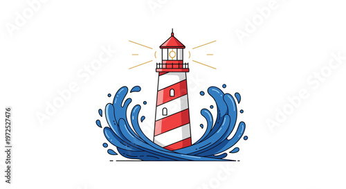 A classic red and white striped lighthouse stands resiliently as massive stylized blue ocean waves crash dramatically against its base under a glowing beacon.