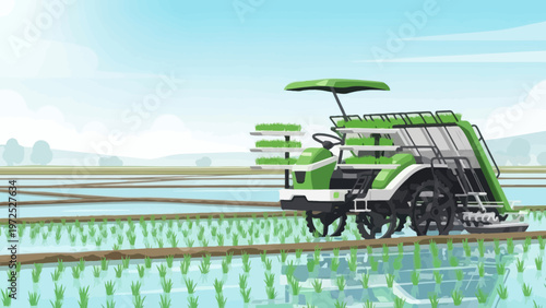 Green rice transplanter working in a flooded paddy field