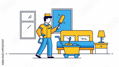 Housekeeper cleaning a hotel room with cart and supplies