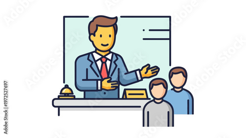 Hotel receptionist assisting guests at the front desk