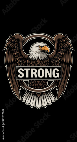 A powerful graphic design featuring a majestic eagle with outstretched wings and the word 'STRONG' emblazoned across its chest, set against a solid black background.