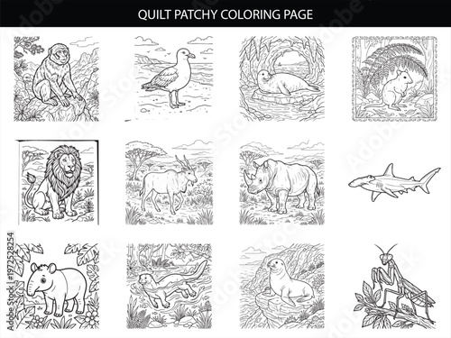 Twelve unique animal coloring page illustrations for children featuring a wide variety of wildlife including safari and marine animals