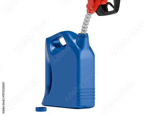 Red fuel nozzle pumping gasoline into blue plastic jerry can isolated on white background