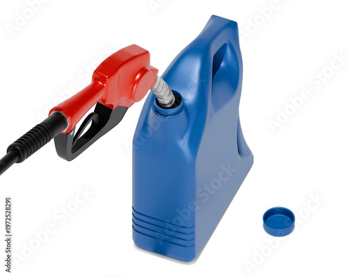 Red fuel nozzle pumping gasoline into blue plastic jerry can isolated on white background