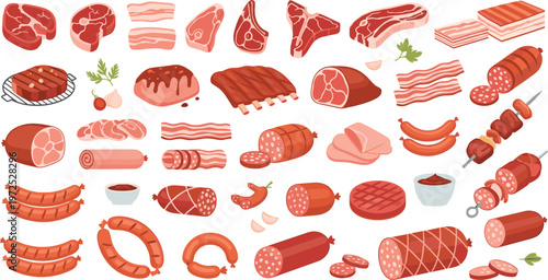 Raw and cooked meat products set with steak bacon sausage ribs ham salami cuts and butcher items detailed vector illustration