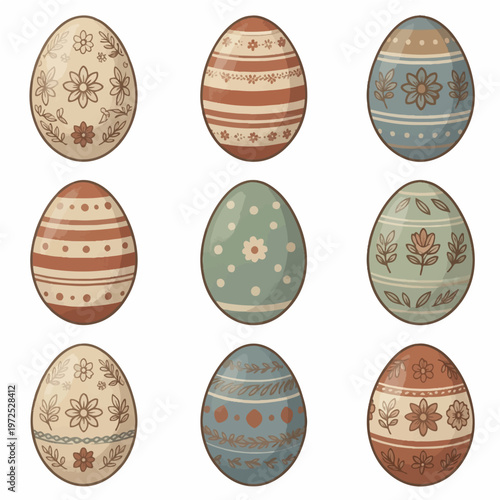 Collection of traditional easter eggs vector illustrations, vintage style decorative patterns, various earth tone colors, springtime holiday celebration, cultural ornaments set on white background.