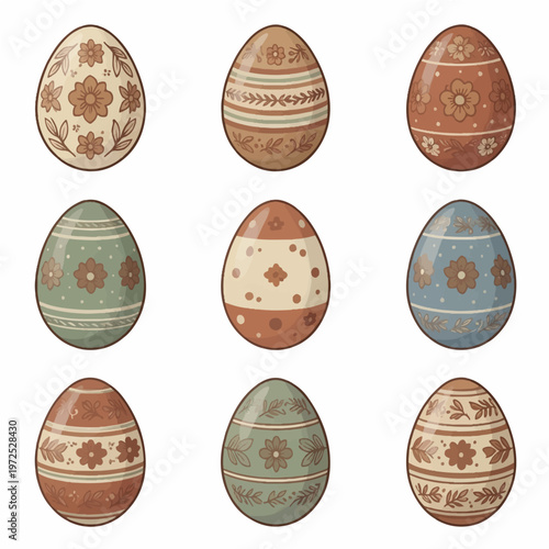 Collection of traditional easter eggs vector illustrations, vintage style decorative patterns, various earth tone colors, springtime holiday celebration, cultural ornaments set on white background.