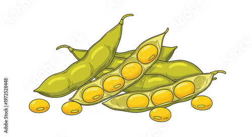 A pile of fresh green soybean pods, some whole and some split open to display the bright yellow soybeans within, perfect for edamame.