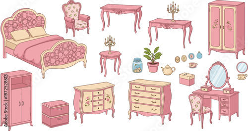 Cute Pink Vintage Bedroom Furniture Illustration Set Featuring Bed, Wardrobe, Vanity Table, Chairs, Cabinets, and Decorative Accessories for Feminine Interior Design