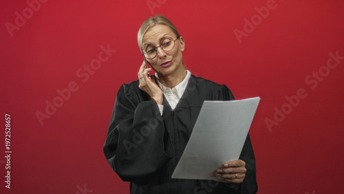 Wallpaper Mural Middle aged blonde woman judge reads a paper while holding a phone to her ear in studio; confident authority. Torontodigital.ca