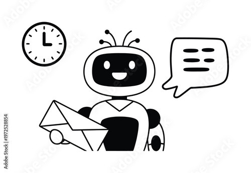 Friendly Robot Delivering Mail with Chat Bubble and Clock