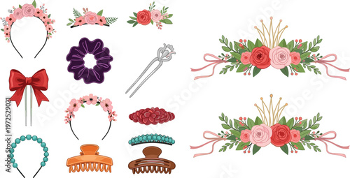 Floral Hair Accessories and Decorative Elements Illustration Set Featuring Headbands, Bows, Clips, Crowns, and Flower Arrangements for Wedding and Fashion Design