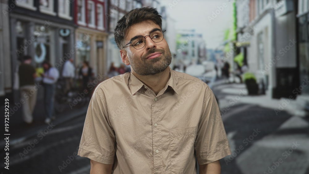 Obraz premium Man wearing glasses tilts head slightly with closed eyes in a busy city street lined with brick storefronts and blurred pedestrians; indifference.