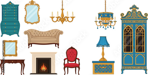 Luxury Classic Furniture and Interior Decor Illustration Set Featuring Ornate Cabinet, Sofa, Fireplace, Mirror, Chandeliers, and Elegant Vintage Home Elements
