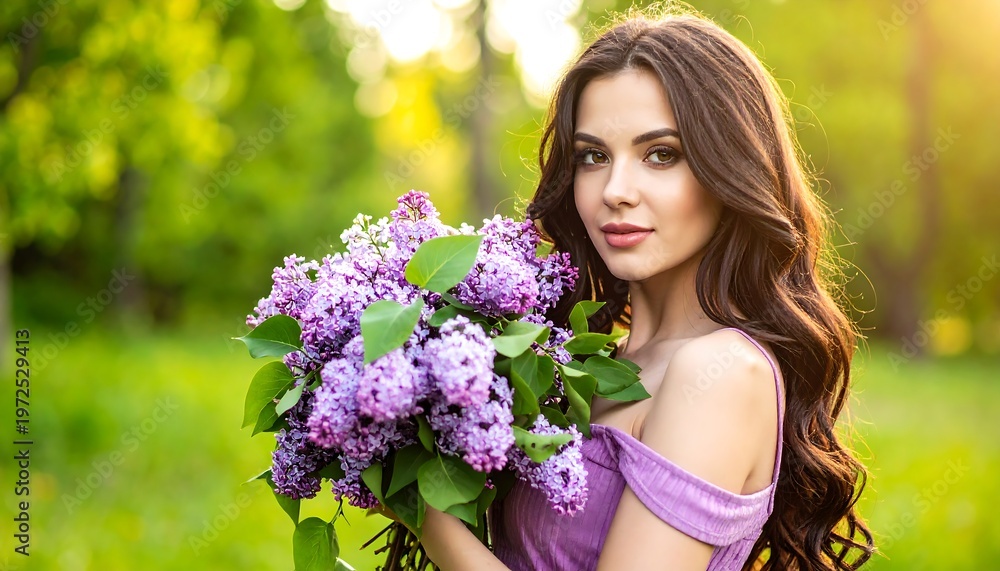 Naklejka premium Brunette holds a bouquet of purple lilacs, off-shoulder dress, sunny, green natural outdoor background