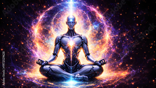 Wallpaper Mural humanoid robot meditating with glowing energy aura Torontodigital.ca