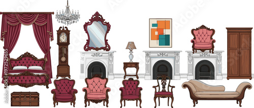 Luxury Vintage Interior Furniture Illustration Set Featuring Elegant Beds, Armchairs, Fireplace Mantels, Curtains, Mirrors, and Classic Decor Elements for Royal Style Designs