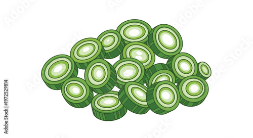 A scattered pile of uniformly cut green onion slices, showcasing their distinct concentric rings, ideal for garnishing and adding flavor.