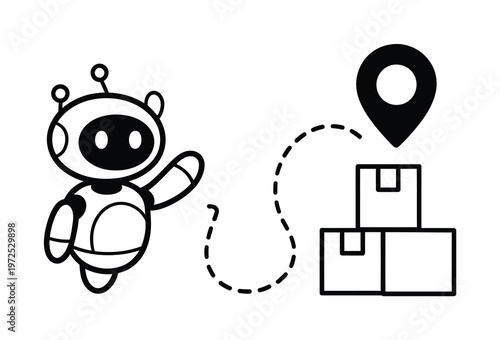 Cute Robot Delivering Packages with Location Pin and Dashed Line Path