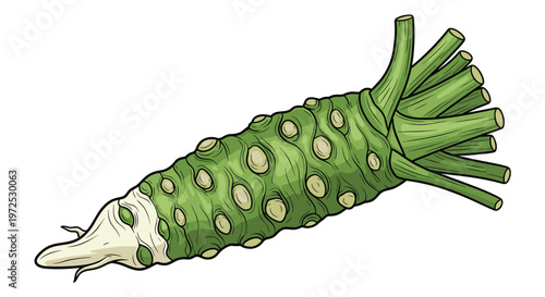 A fresh wasabi root, displaying its knobbly, light green exterior and a cluster of green stems at one end, a pungent ingredient in Japanese cuisine.