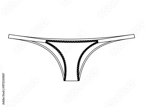 Women's Bikini Brief Technical Flat Sketch,Lingerie CAD Design: String Bikini Panty Vector, Low-Rise Bikini Underwear Technical Drawing, Front View Panty Template for Fashion Tech Pack.