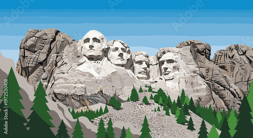Iconic Mount Rushmore National Memorial featuring the carved faces of four U.S. Presidents amidst a scenic mountain landscape with pine trees.