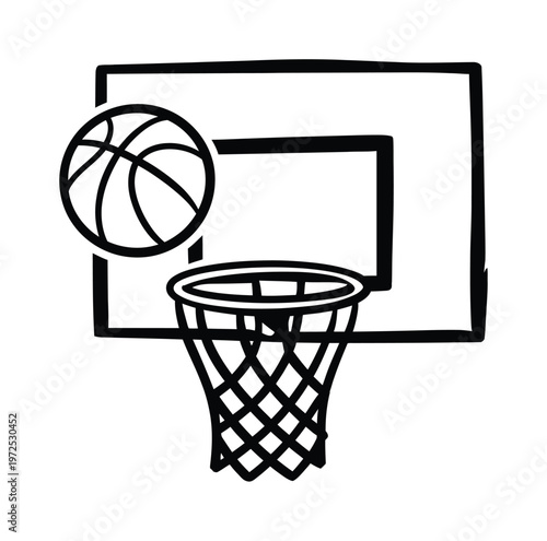 Simple Black and White of a Basketball Hoop and Ball