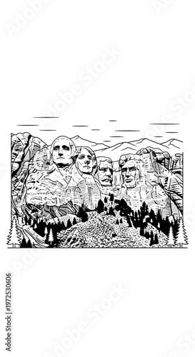 Detailed black and white line art illustration of Mount Rushmore featuring the four presidential faces carved into the mountain, surrounded by intricate natural landscapes and trees.