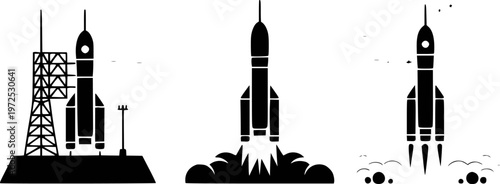 Black rocket launch sequence white background showing preparation and liftoff space