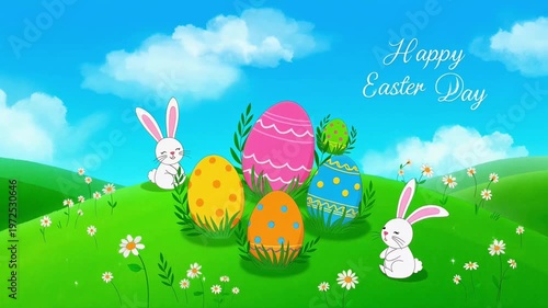 Happy Easter Day Celebration with Cute Bunnies and Colorful Decorated Eggs in Cartoon Style