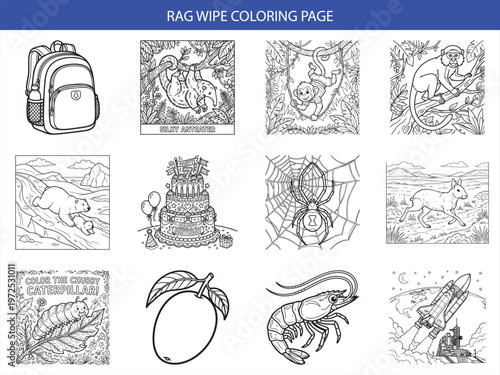 Twelve engaging animal and birthday themed coloring page illustrations for children featuring backpacks cake and space shuttle designs